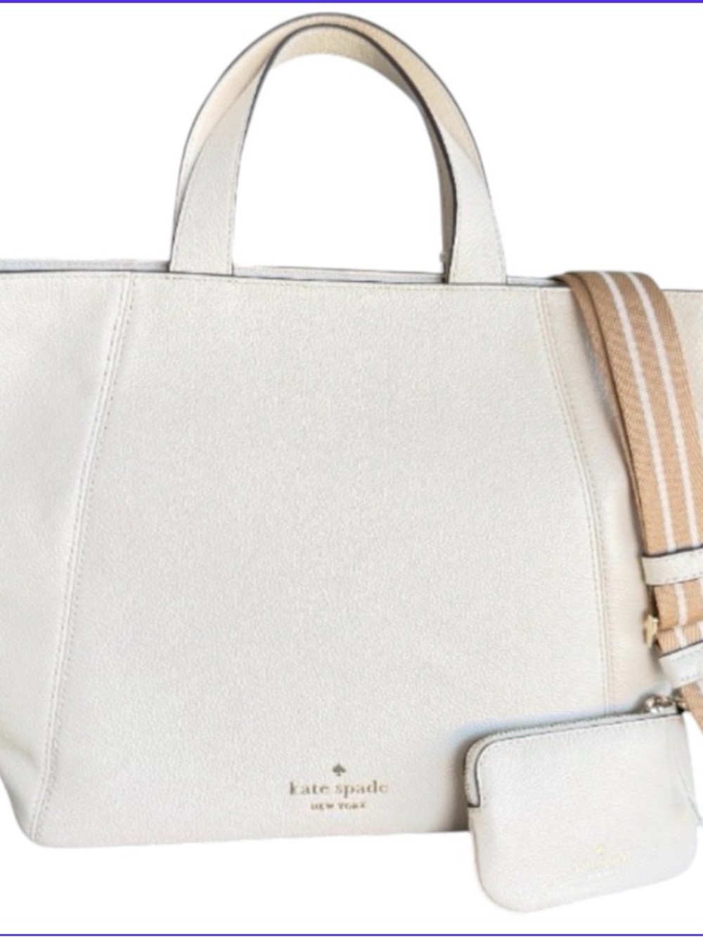 kate spade cream leather tote with striped detachable strap Color Off White